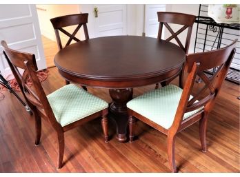 Round Table With Protective Glass Top, Wood Surface, Includes 4 Chairs With Custom Fabric.