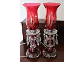 Pair Of Pretty Antique Style Lamps With Cranberry Glass & Frosted Etched Floral Design With Hanging Crystals