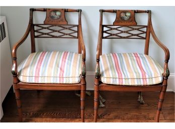 Pair Of Beautiful Woven Cane Accent Chairs With Beautiful Hand Painted Scene By Sandra Puett ON Back Rest
