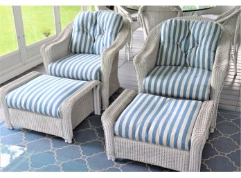 Pair Of Wicker Club Chairs With Ottoman And Cushions
