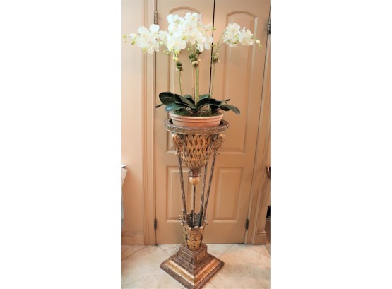 Decorative Painted Metal Planter With Ornate Design & Faux Orchid Plant