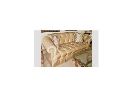 Elegant Custom Tufted Sofa In A Goldish/Beige Colored Fabric With A Skirted Bottom & Accent Pillows