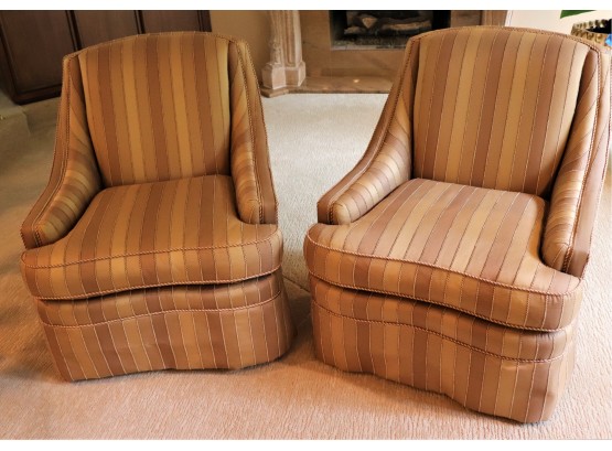 Pair Of Comfortable Slipper Accent Chairs By Sherril With Custom Striped Fabric & Piping Detail Along The Edge