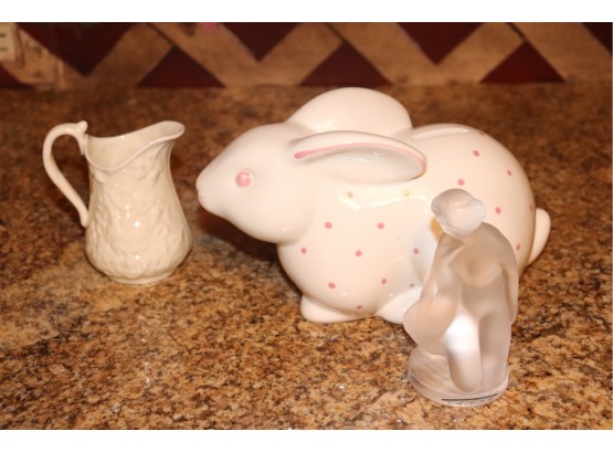 1.Tiffany & Co. Hand Painted Bunny Coin Bank, Lalique Frosted Crystal Figurine & Belleek Pitcher