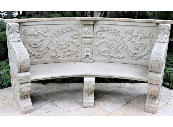Large Gorgeous Outdoor/Garden Natural Unfinished Granite Bench W/ Embossed & Etched Floral Details Throughout