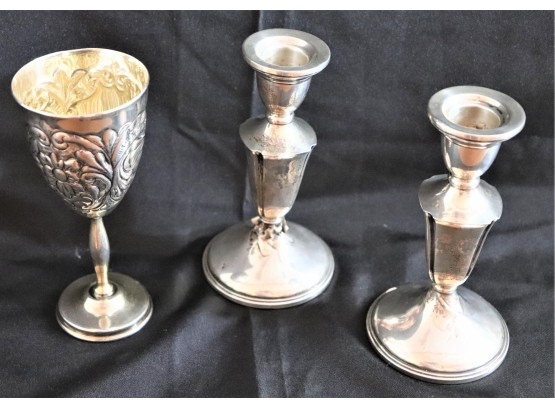 2 Sterling Weighted Candlesticks & Esco Sterling Cup With Floral Embossed Details/Monogram Wine Goble