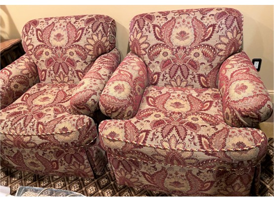 Pair Of Beautiful Sherrill Knitted Upholstered Armchairs With Linen Fabric