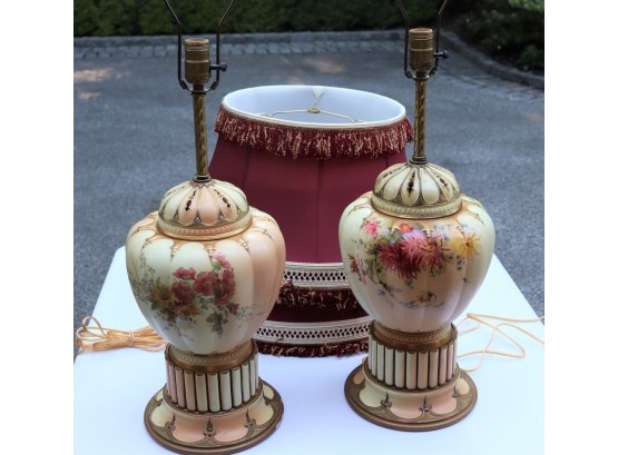 Pair Of Beautiful Floral Hand Painted Table Lamps With Protective Felt On The Bottom