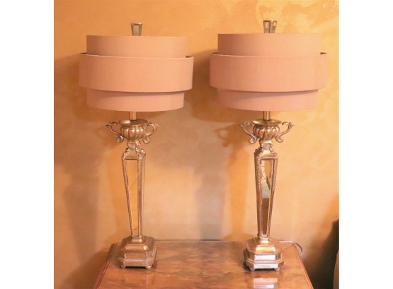 Pair Of Contemporary Lamps With A Mirrored Design & Unique Stylish Shade