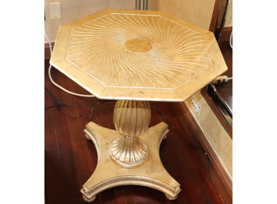 Octagonal Shaped Side Table With An Etched Design On Top & Fluted Design On The Pedestal Base