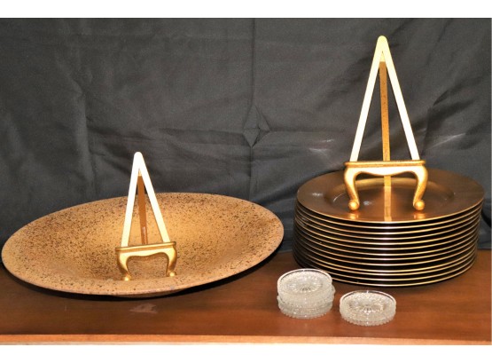 Beautiful Large Decorative Bowl With Plastic Gold Lacquered Decorative Chargers & 9 Pc Coaster Set