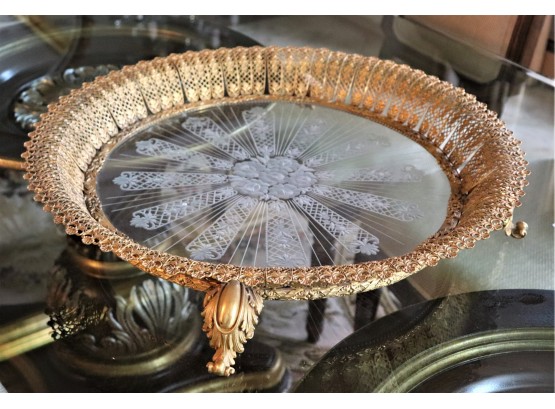 Beautiful Etched/Pierced Bronze Centerpiece With Scrolled Feet  Amazing Detail Throughout