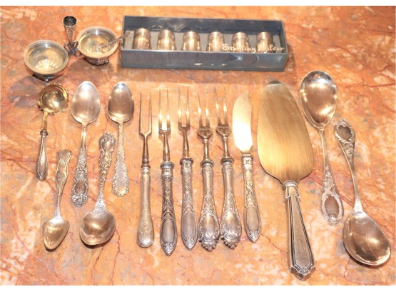 Assorted Flatware Pieces With Sterling Handles, Sterling Salt Dishes & Box Of 6 Sterling Shakers