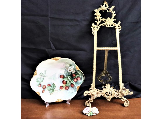 Beautiful Brass Finished Easel With Ornate Design Includes R.C. Versailles Floral Painted Bowl