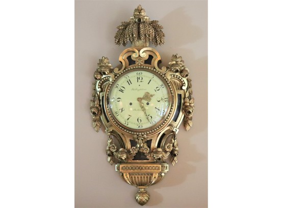 Swedish Gilt Wall Clock By Rob Engstrom Stockholm With Hand Carved Wood Floral Detail & Crown Includes A Key