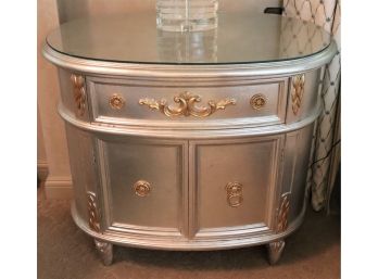 Jeffco Silver Painted Night Stands With Protective Glass Top & Gold Painted Detail