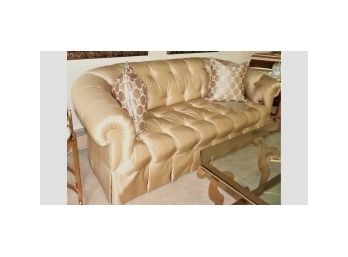 Elegant Custom Tufted Sofa In A Goldish/Beige Colored Fabric With A Skirted Bottom & Accent Pillows