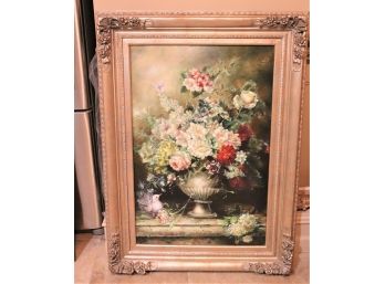Beautiful Floral Giclee/Painting With Butterflies In An Ornate Frame With Carved Florets In Corners