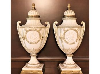 Beautiful Porcelain & Brass Urns With Lids - Cherub Detail With Brass Base & Brass Acorn Finials