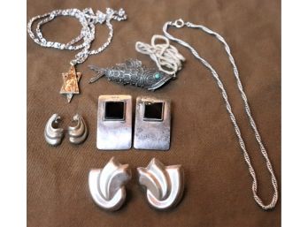 Sterling Silver Jewelry Includes 3 Pair Earrings With Posts, 2 Silver Chains, Jewish Star, Fish Silver Mark