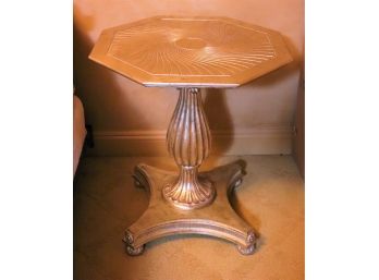 Gold Colored Octagonal Side Table With Carved Swirl Design On Surface