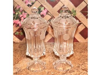 Pair Of Beautiful Crystal Candy Jars With Lids & Frosted Etched Details
