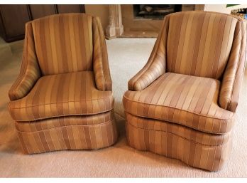 Pair Of Comfortable Slipper Accent Chairs By Sherril With Custom Striped Fabric & Piping Detail Along The Edge