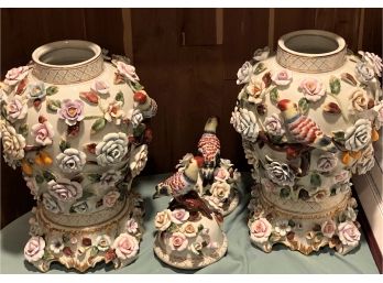 Tall Floral Urns With Lids  Meissen Repro