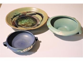 3 Ceramic Pieces Large Handmade Ceramic Bowl With Crystallized Glass Look Glaze & 2 Blue Floral Rosewood