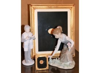 Beautiful Figures - Lladro Girl Picking Flowers, Jackson & Fine Pewter Frames Electroplated 18kt Gold