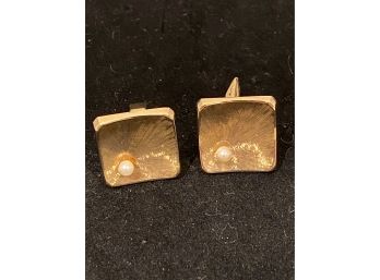 Pair Of 14K YG  Cuff Links With Concave Dish Design And Small Cultured Pearls. Approx.TW 5.9 Dwt