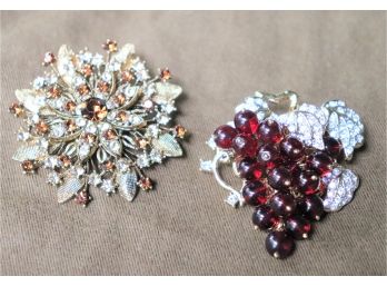 Costume Jewelry Pins Cluster Of Grapes With Diamond Style Rhinestone Embellished Leaves By Nolan Miller