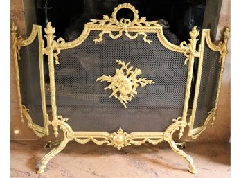 Gorgeous Ornate French Bronze Fireplace Screen Highly Detailed Quality Casting With Hoof Feet, Wreath & Ribbon