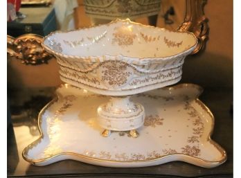 1.Beautiful Hand Painted Porcelain Centerpiece With Gold Detail, Large Serving Tray Hand Painted