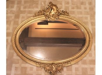 Elegant Gold Painted Wall Mirror With Ornate Carved Crown & Beveled Edge