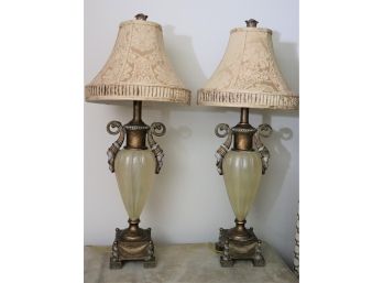 Pair Of Elegant Table Lamps With Scrolled Handles And Custom Shades