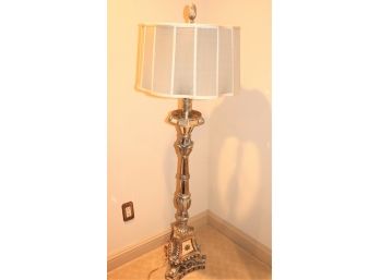 Tall Decorative Mirrored Floor Lamp With Pretty Shade In An Antiqued Silver Like Finish