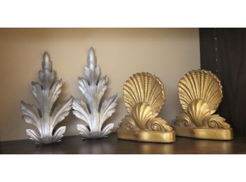 Pair Of Borghese/Seashell Bookends & Decorative Metal Scrolled Leaf Sconces