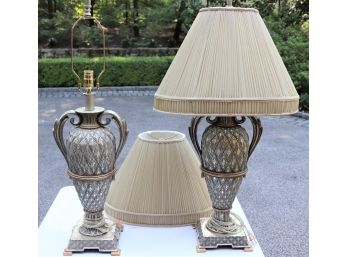 Pair Of Beautiful Decorative Antiqued Finish Urn Style Lamps With Handles