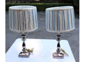 Pair Of Beautiful Silver Toned Table Lamps With Stylish Blue/White Pleated Linen Shades