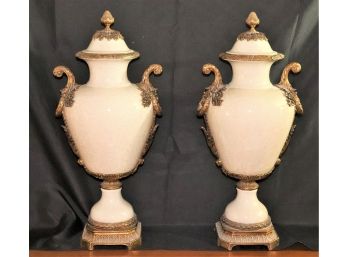 .Pair Of Tall Bronze & Porcelain Urns With Handles And Lid Crackle Finish Acorn Finial