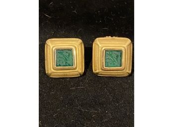 Pair Of 18K YG Post Earrings  With Etched Green Center Approx Tw 8.8 Dwt