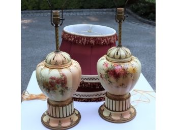 Pair Of Beautiful Floral Hand Painted Table Lamps With Protective Felt On The Bottom