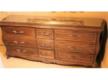Vintage Dresser With A Protective Glass Top, Tongue & Groove Woodwork, Decorative Brass Drawers Pulls