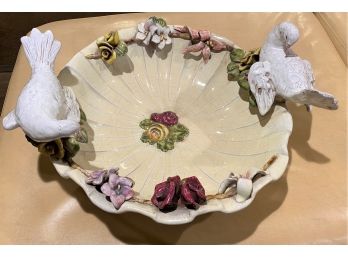 Beautiful Capodimonte Style Bowl With Floral Detail & Love Bird Accent