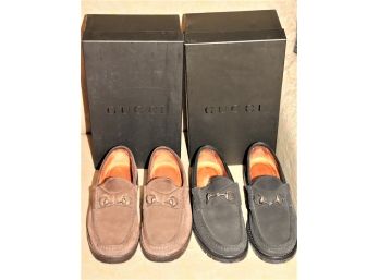 2 Pairs Of Gucci Suede Loafers Women's Size 7 Brown Silver Buckle & One Pair Of Black Famous Equestrian
