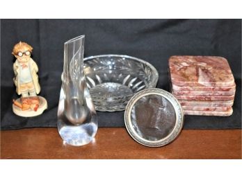 Baccarat Crystal Vase, Small Sterling Vase, 8 Stone Coasters & Stuart Crystal Dish