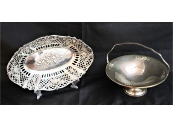 Pierced Sterling Dish With Floral Detail & Sterling Weighted Tray With Handle