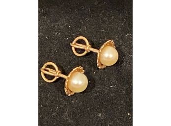 Pair Of 14K YG Cultured Pearls Earrings