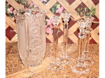 Tall Cut Crystal Vase & 4 Candlesticks